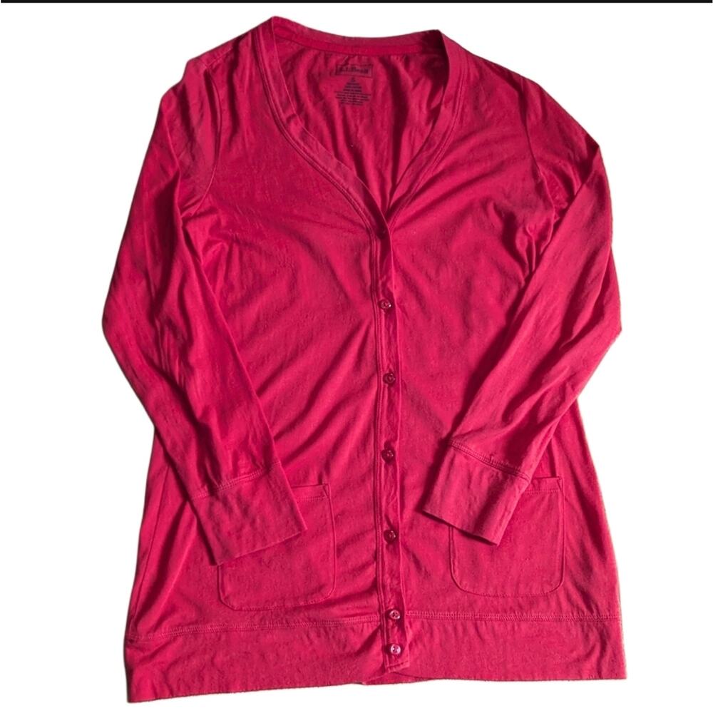 L.L. Bean Coral Red 100% Cotton Long Sleeve Button Cardigan Sweater Size Small